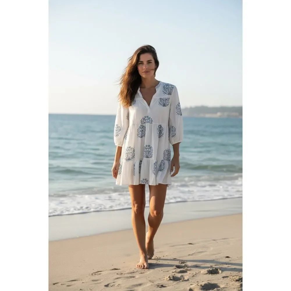 Madison Mathews dress, blue and grey botanical print, size small
